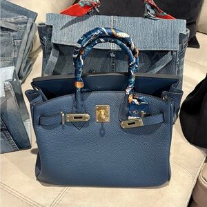 Elegant Blue Leather “Birkin” Tote Bag